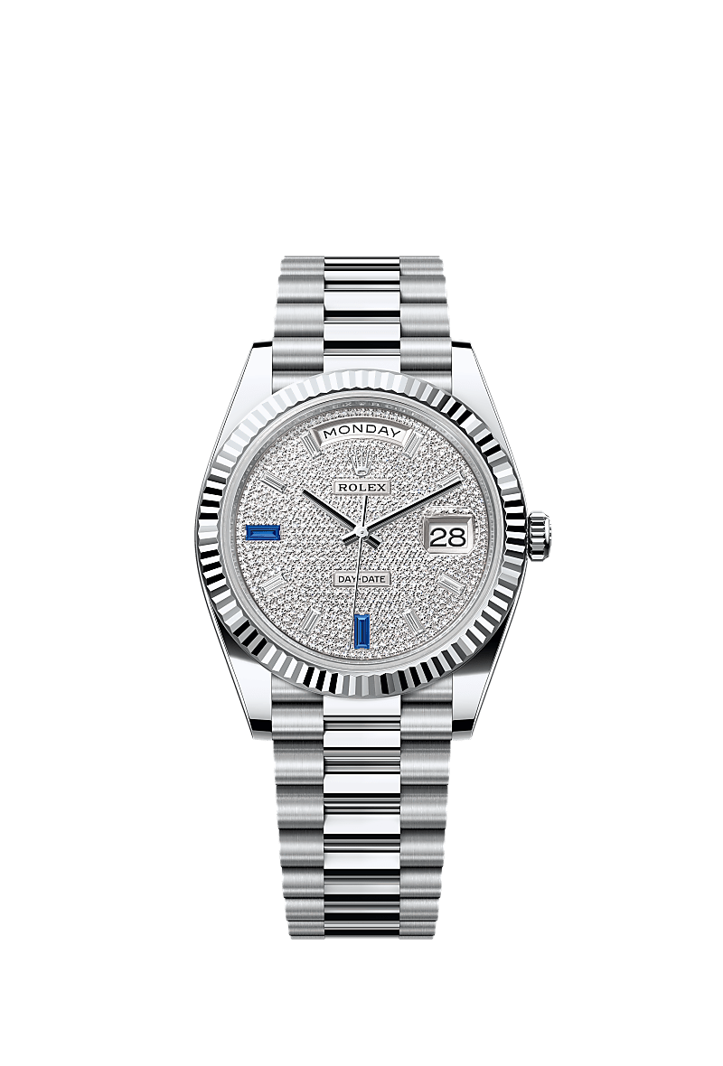 Rolex Day-Date 40 platinum paved diamond dial with blue sapphire baguettes 228236