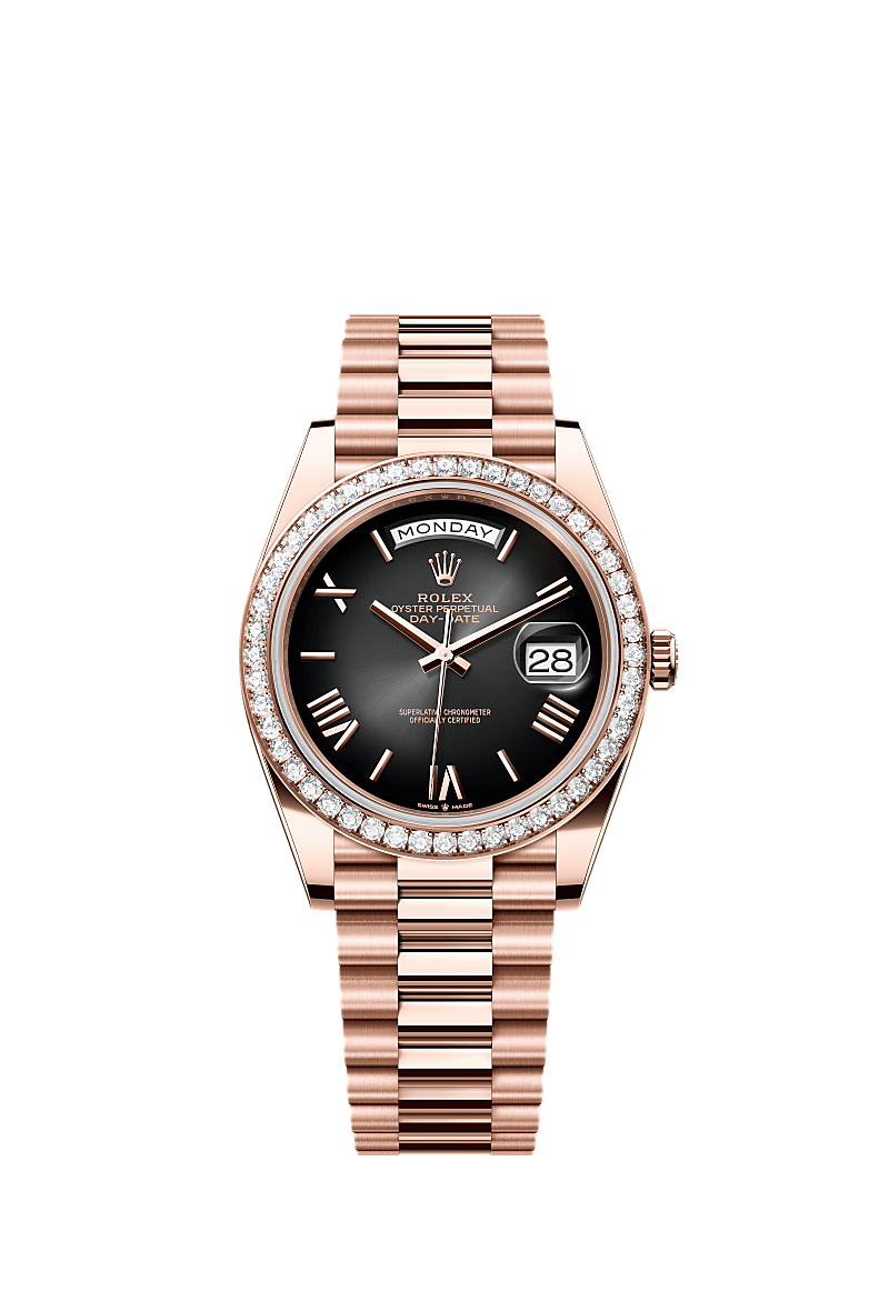 Rolex Day-Date 40 Everose black Roman dial diamond bezel 228345RBR
