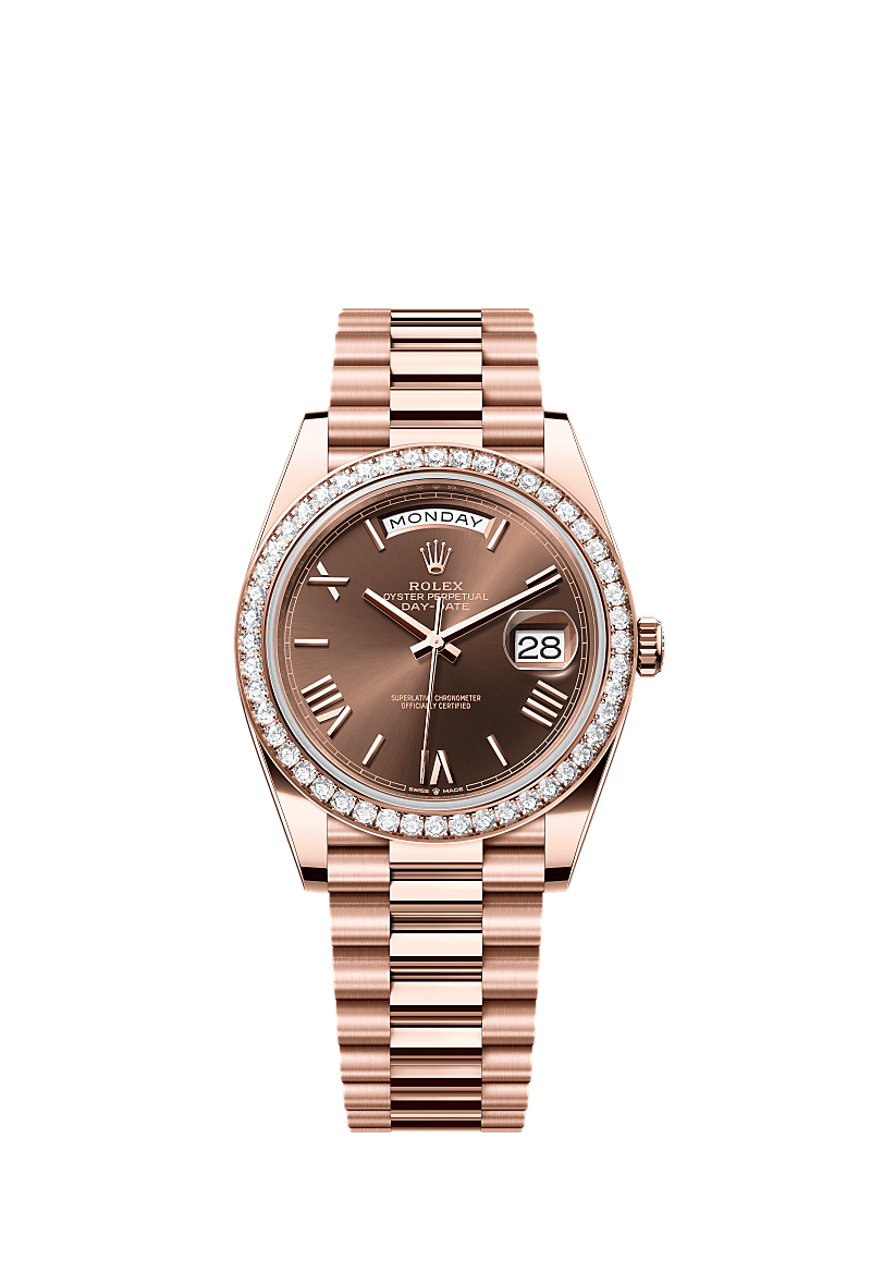 Rolex Day-Date 40 Everose chocolate Roman dial diamond bezel 228345RBR