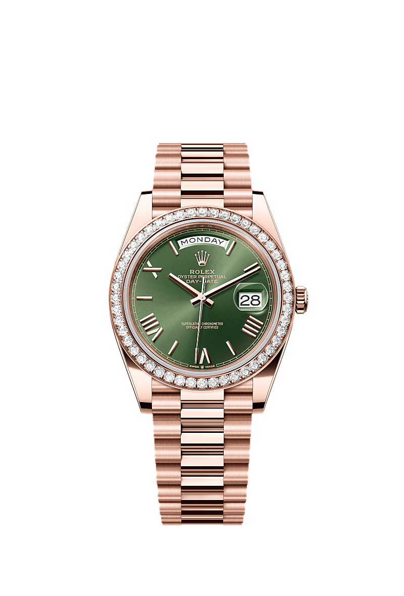 Rolex Day-Date 40 Everose olive green Roman dial diamond bezel 228345RBR