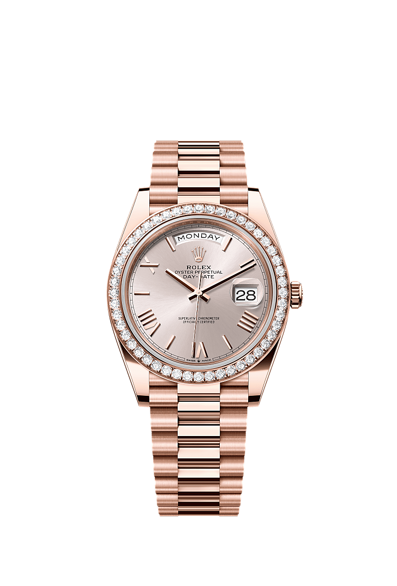 Rolex Day-Date 40 Everose sundust Roman dial diamond bezel 228345RBR