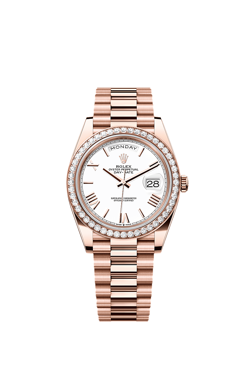 Rolex Day-Date 40 Everose white Roman dial diamond bezel 228345RBR