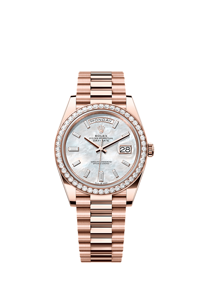 Rolex Day-Date 40 Everose white mother of pearl diamond dial diamond bezel 228345RBR