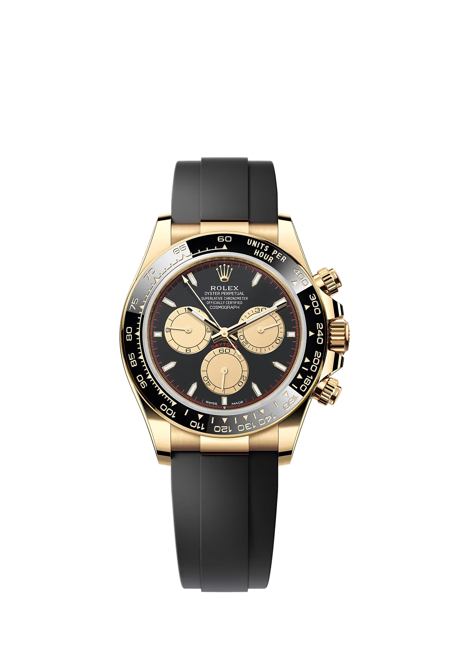 Rolex Cosmograph Daytona yellow gold black dial red track Oysterflex 126518LN